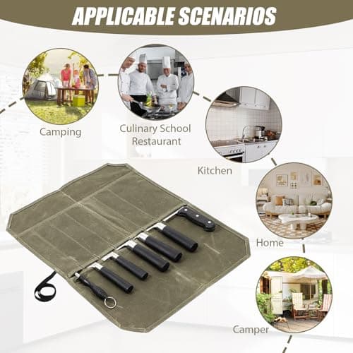 GYMMFK Knife Roll for Chefs, 7 Slots Waxed Canvas Knife Bag Case for Pro Chefs or Culinary Enthusiasts, Large Capacity Easy Carry (Army Green) — view 5