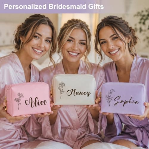 EDSG Personalised Makeup Bag, Waterproof Leather Cosmetic Bags with Name & Birthflower, Travel Toiletry Bag Gifts for Women, Best Friends, Sister, Birthday, Bride Bridesmaid Gifts (White, Design 1) — view 6