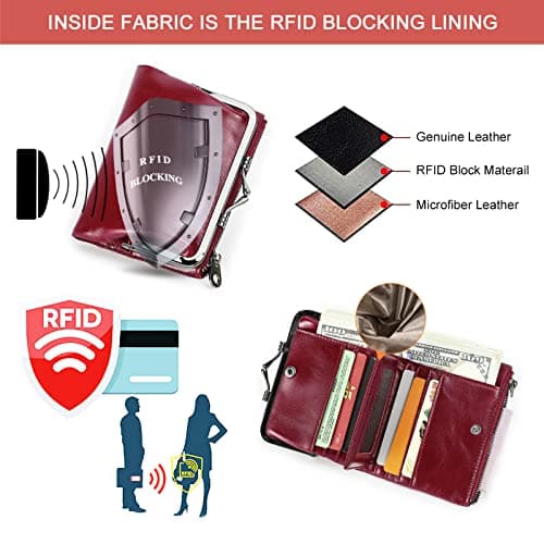 CONTACTS Womens RFID Wallet with Kiss Lock,Genuine Leather Ladies Compact Bifold Coin Purse with Zip Pocket Vintage,Credit Card Holder Small Clutch with ID Window Red — view 5