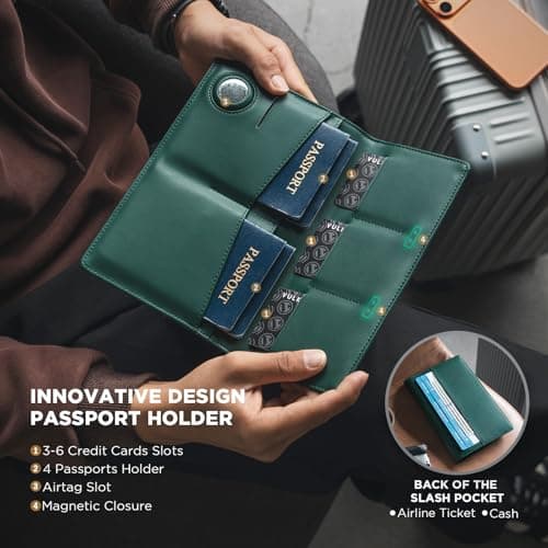VULKIT Family Passport Holder for 4 Leather Passport Wallet Compatible with Airtag Slot Multiple Passport Holder RFID Blocking Bifold Travel Documents Organizer — view 2