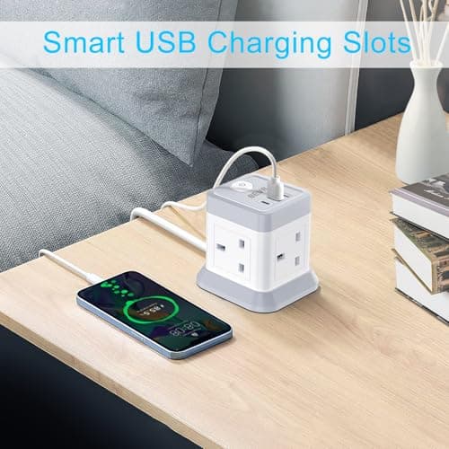 3M Extension Lead Cube With USB, BEVA 4 Gang Extension Socket With 3 USB Ports, Power Strip With Switch Multi Plug Extension with 3 Metre Long Cable For Home Office Travel — view 4
