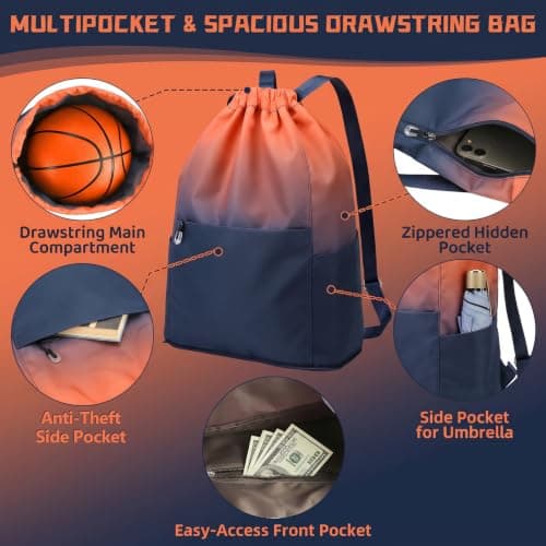Drawstring Backpack, Swimming Bags for Kids with Shoe Storage Bag, Orange-Blue Gradient Gym Backpack, Water-Resistant, Swimming Bags for Gym,School, Beach, Shopping, Travel, Climbing, Camping — view 3
