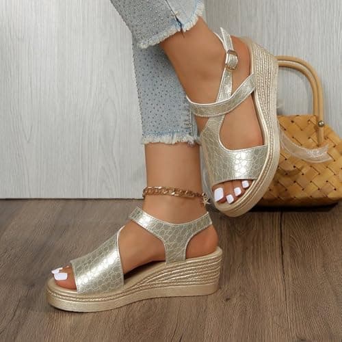 Generisch Platform Sandals, Summer Strappy Sandals, Comfortable Mules with Heels, Outdoor Walking Shoes, gold, 8 UK — view 3