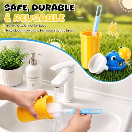 [500ML] Portable Baby Child Kids Travel Potty with Clean Brush,Hygienic Leak Proof Urinal Emergency Toilet for Camping,Car Travel,Outside,Park and Kid Toddler Potty Pee Training,Cute Duck Design,Boy — view 3