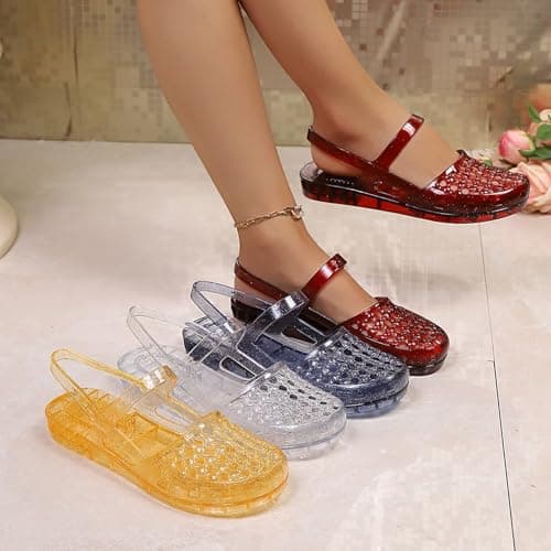 Summer Sandals,Clear Glitter Jelly Sandal for Woman Casual Slip on Summer Holiday Beach Jelly Fashion Waterproof Flat Sandals Shoes Outdoor Sport Casual Shoes for Walking, Travelling, Poolside — view 3