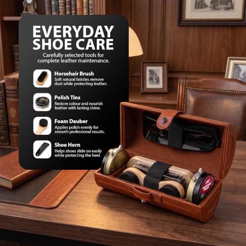 ZENO Shoe Polish Kit 7PC | Leather Shoe Care Set with Black Polish, Wax, Horsehair Brush, Dauber, Cloth, Shoe Horn & Premium Storage Case | For Leather Shoes, Boots, Bags, Belts, Wallets & Travel — view 4