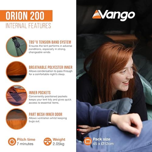 Vango Orion 200 2 Man Tunnel Tent, 5000mm HH with Alloy Poles, Lightweight, Camping, Climbing, Backpacking, Trekking — view 5
