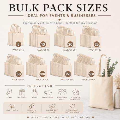 Cotton Canvas Tote Bags, Bulk Pack of 10 100% Natural Cotton Blank Shopping Bags for Printing, Crafting & Personalisation, Reusable Eco-Friendly Tote Bags with Long Handles (38 x 42cm, 110gsm) — view 5