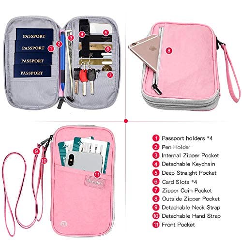 homchen RFID Blocking Travel Passport Wallet Holder, Document Organiser Case Credit Card Holders for Men and Women (Large Pink-RFID) — view 3