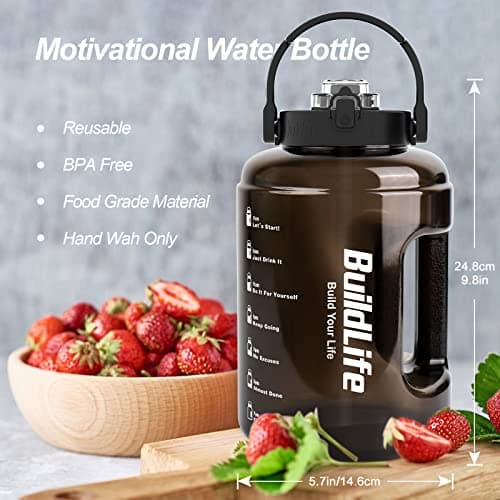 BuildLife Water Bottles with Straw & Flip Cap 2 in 1 Lid - Large Water Bottle with Time Markings BPA Free Leak Proof Wide Mouth Drinks Bottle,2.5 Litre Durable Sports Water Bottle (Black) — view 3