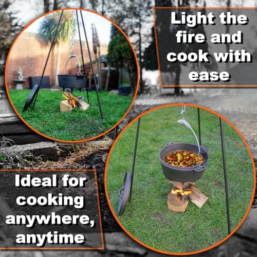 Andes Cast Iron Dutch Oven & Steel Tripod with Hanging Chain & Hook, Camping/Travel Cooking Casserole Pot, Folding/Portable — view 2