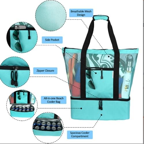 Oaygat Mesh Beach Tote Bag Zipper Bag for Beach Pool Picnic, Insulated Cooler Compartment, Dry & Wet Separation, Organized Multi-Pocket Layout, Unisex-Adults, 41cm x 17cm x 51cm, Turquoise — view 3