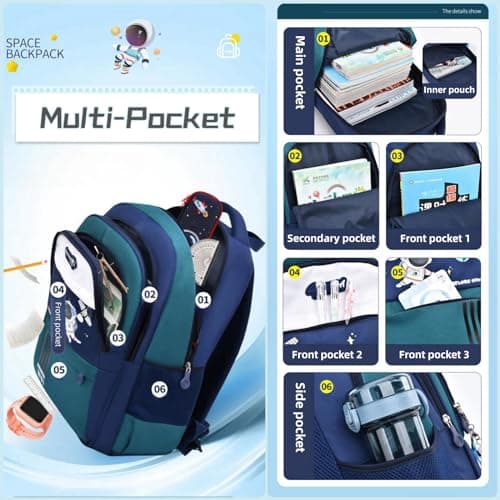Space Childrens Backpacks for Boys, Multi-Pocket Astronaut Boys School Bags Backpacks with Chest Strap, Dark-Blue+Green — view 5