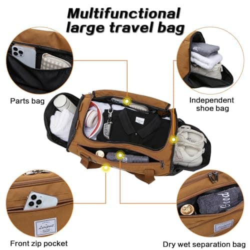 Laripwit Travel Duffle Bag for Men 40L Medium Gym Duffel Backpack with Shoe Compartment & Wet Pocket Sports Holdalls Women Weekend Overnight Bag for Traveling Camping, Brown — view 4