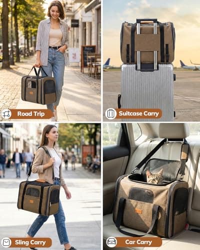 Morpilot Cat Carrier - Airline Approved, Top Opening Portable Dog Bag with Breathable Mesh/Removable Mat, Adjustable Shoulder Strap & Bowl, Foldable Travel Cage, M, Brown (Max 7kg) — view 3