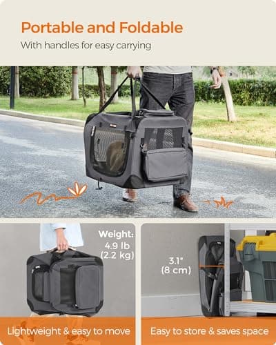 Feandrea Foldable Pet Carrier Bag, Portable Dog Travel Crate, Soft Sided Dog Cat Pet Travel Carrier Large Dog Crate for Car with Breathable Mesh and Storage Pockets, 60 x 42 x 42 cm, Grey PDC60GY — view 3