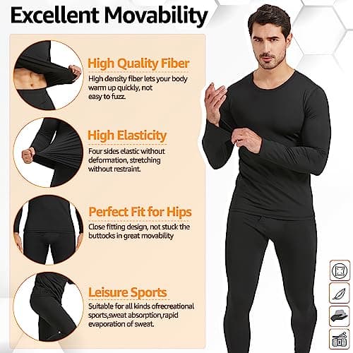 UNIQUEBELLA Functional Underwear Men's Set Breathable Ski Underwear Men Winter Thermal Underwear for Jogging, Cycling, Football, Skiing, Motorcycle, Warm, Pure Black, L — view 6