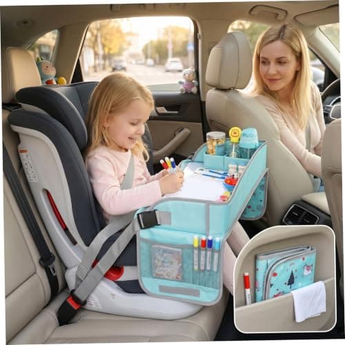 Kids Travel Tray Large Car Seat Tray Foldable for Girls Boys, Green, Drawing Board with Storage Pockets — view 4