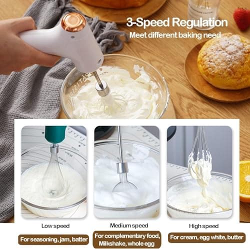 FIOUSY Electric Hand Whisk, USB Rechargeable, Wireless Portable Egg Beater with 2 Detachable Whisks with 3 Speed Modes for Eggs/Milkshake Cream/Butter/Baby Food, Fit for Kitchen/Camping/Gifts (White) — view 5