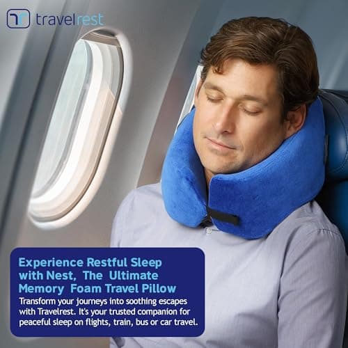 TRAVELREST Nest Neck Pillow for Travel - Advanced Support for Long Flights, Memory Foam Patented Design for Optimal Relaxation, Ergonomic, and Washable, On-the-Go and Attaches to Luggage - Blue — view 4