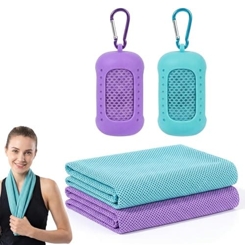 YFHUVB 2 Pcs Cooling Towel, Gym Towels For Women With Portable Silicone Sleeves, Hot Yoga Towel, Sweat Towels For Gym, Instant Cooling For Outdoor Sports, Lake Blue And Purple