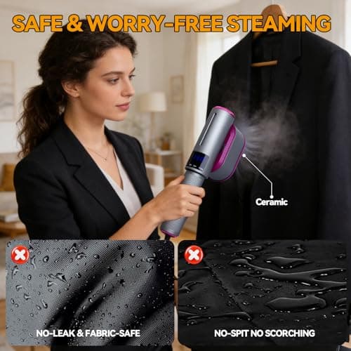 Travel Steamer for Clothes, 110-240V Dual Voltage Handheld Mini Steamer Iron with LED Dispaly, 1200W, 15S Fast Heat Up, 2 in 1 Portable Garment Steamer for Travel & Home, Grey Purple — view 5