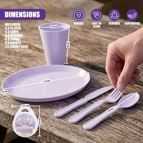 GEEZY 21 Piece Picnic Set - Reusable Purple Camping Dinner Set for 4 with Plates, Cups, Cutlery & Storage Box - Dishwasher Safe & Portable Outdoor BBQ, Party & Kids Tableware — view 4