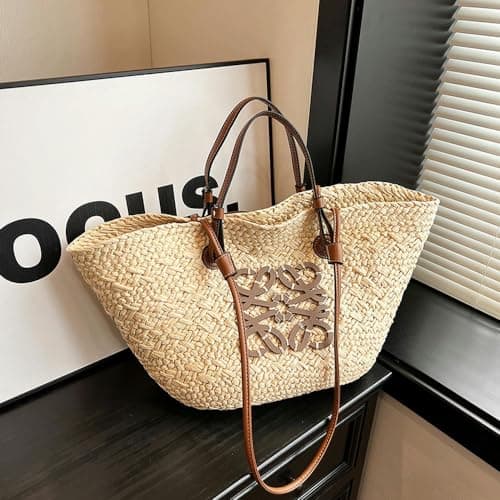 BTCHING Straw Tote Bag - Large Capacity Hand-Woven Beach Women's Bag - White — view 5