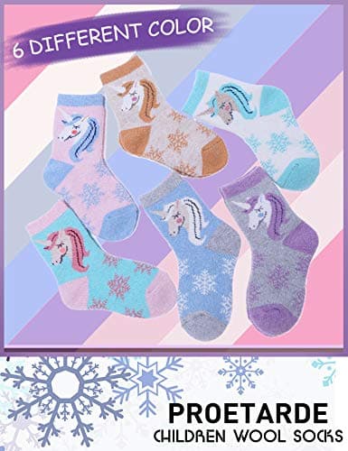 Merino Wool Socks for Kids Boys Toddlers Girls Thick Thermal Warm Winter Stocking Fillers Kids Walking Socks for Girls Boys Heavy Cosy Crew Hiking Boot Gift Unicorn Socks 6 Pack(Unicorn,4-7 Y) — view 2