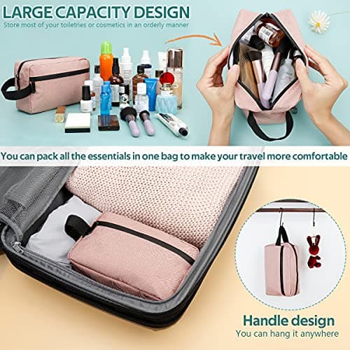 FUNSEED Travel Toiletry Bag for Women and Men, Shaving Bag for Toiletries Accessories, Foldable Storage Bags with Handle for Cosmetics Brushes Tools,Pink — view 3