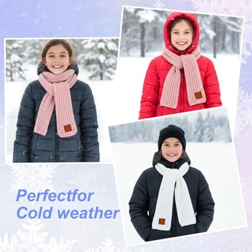 Abeillo 2 Pack Warm Kids Winter Knit Scarves Soft Knitted Neck Warmer Scarf Warm Scarves Wrap for Boys Girls(Pink, White) — view 5