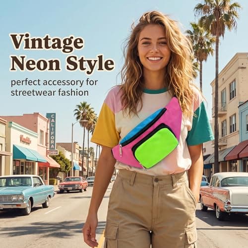 80s Retro Neon Bum Bag Fanny Pack for Women Men, 2 Zipped Pockets Adjustable Waist Bag, Lightweight Waterproof Bumbags for Ladies, Festival Rave Travel 80s Accessories for Women — view 5