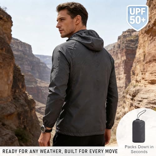 ADUDVLO Men's Lightweight Waterproof Jacket with Pockets, Packable Hooded Windproof Rain Jacket for Travel, Running & Hiking – Includes Carry Pouch (UK, Alpha, S, Regular, Regular, Grey) — view 6