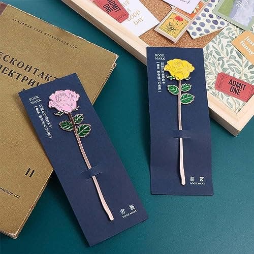 Metal Flower Leaf Bookmarks Rose Book Clip, Alloy Reading Bookmark Page Folder Office Supplies(Yellow Rose) — view 4