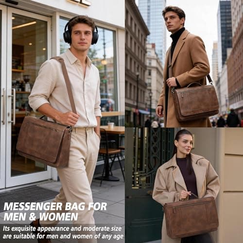 RAINSMORE Leather Messenger Bag for Men 15.6 Inch Waterproof Laptop Bag Vintage Computer Briefcase Large Shoulder Satchel Bags for Work Business Office College — view 2
