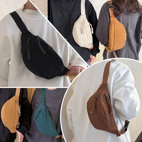 XSDSLS Corduroy Bum Bag Waist Bag for Men Women,Crossbody Waist Bag Fanny Pack with Adjustable Strap Belt Bag for Travel Festival Walking Sport Running Outdoor Gym (Khaki) — view 5