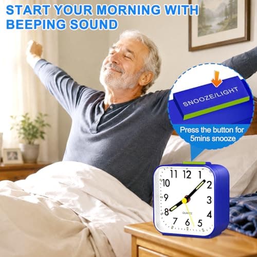 FONIVA Alarm Clock, Non Ticking Silent Alarm Clocks Bedside, Night Light Snooze Battery Powered Portable Clock, Loud Alarm Small Travel Clock Table Clock for Heavy Sleepers Bedrooms Office (Blue) — view 3