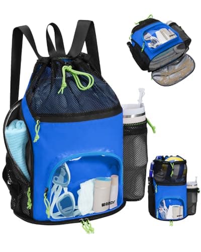 WANDF Swim Bag Mesh Drawstring Backpack with Dual Wet Compartments, 40oz Water Bottle Pocket & Transparent Front Pocket Sandproof Beach Bag for Swimming, Pool, Gym and Workout Gear (Blue)
