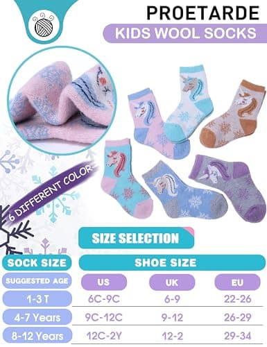 Merino Wool Socks for Kids Boys Toddlers Girls Thick Thermal Warm Winter Stocking Fillers Kids Walking Socks for Girls Boys Heavy Cosy Crew Hiking Boot Gift Unicorn Socks 6 Pack(Unicorn,4-7 Y) — view 5