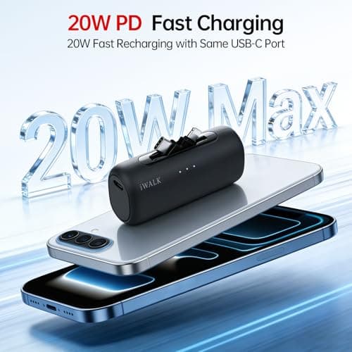 iWALK 5500mAh Portable Charger, 20W Fast Charging Power Bank with Built-in USB-C & Lightning Connectors, Mini Plug-in Battery Pack for iPhone 17/16/15/14/13/12, Android Phones & AirPods, Black — view 3