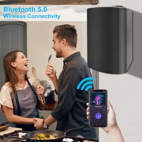 Herdio 6.5 Inches Indoor Outdoor Bluetooth Speakers Waterproof Wireless with Powerful Bass,Wall Mount Speakers System Wired for Patio Deck Porch Backyard 400 Watts(Black) — view 2