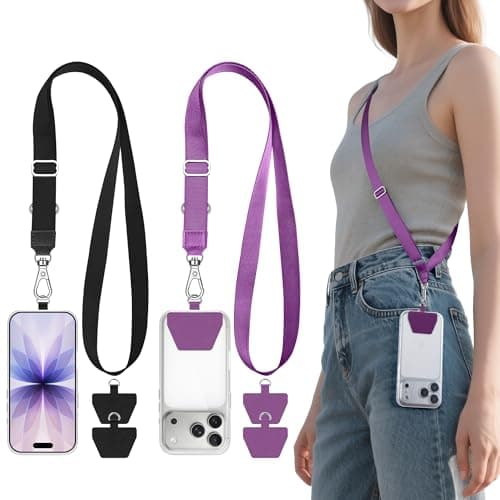 takyu 2 Pack Phone Lanyard Adjustable Strap with 4 Tethers Black & Purple