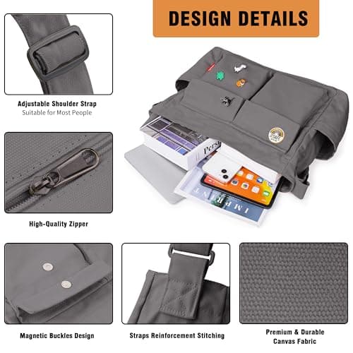 Captain Blues Canvas Hobo Crossbody Bag for Women & Men - Large Capacity Versatile Crossbody Tote Bag with Multiple Pockets, Adjustable Strap for Work, School, Travel, and Day Out (Grey) — view 3