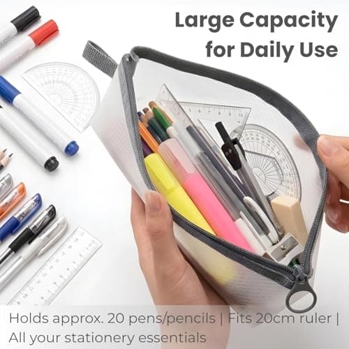 muuee EVA Mesh Pencil Case, Portable Waterproof Pencil Pouch, Eco-Friendly Clear Zipper Pen Bag for Adults & Students, Large Capacity Storage for Stationery, Toiletries, Makeup, Travel (White-Grey) — view 2