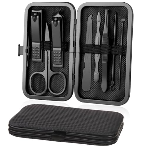 URAQT Professional Manicure Set, 8 pcs Portable Nail Clippers & Eyebrow Grooming Kit, Stainless Steel Nail Care Tools with Luxurious Leather Case for Travel & Home(Black)