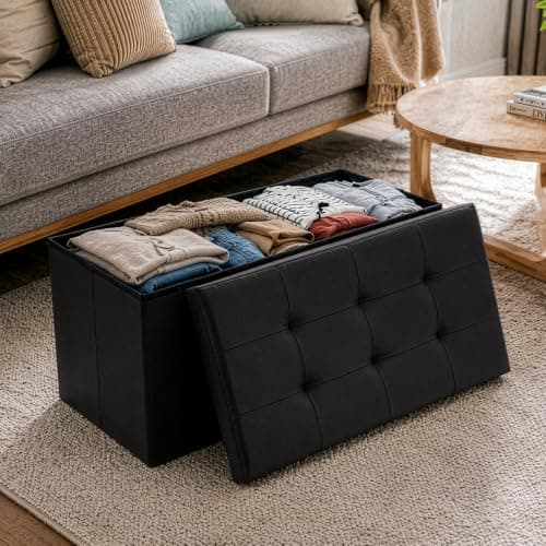 CROWNSHOP Ottoman Storage Bench Footrest Stool Seat Toy Chest Storage Box Folding with Lid Long Shoes Bench Footstool Suitable for Living Room (Black, Faux leather) — view 2