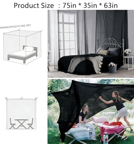 Mosquito Net for Bed, 4 Corner Post Curtains-Single-Door Design Bed Canopy Single Bed Mosquito Net Set Bed Canopy for Girls Easy Installation for Travel and Home Garden, Camping (Black) — view 2