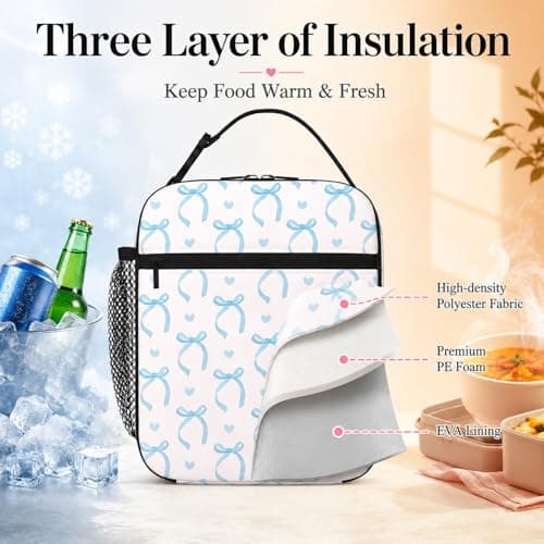 Komergave Insulated Lunch Bag for Women Girls, Cute Small Blue Bow Polyester Thermal Cooler Bag, Reusable Leakproof Portable Lunch Box Bag with Handle for Work School Picnic Travel Beach Preppy Gifts — view 4