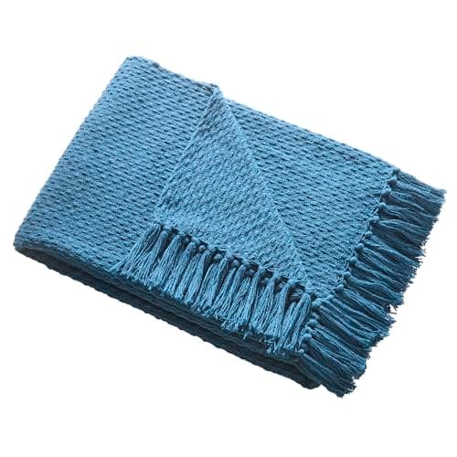 Drift Home - Teal Throw with Tassel (180 x 130cm) - Sustainable Recycled Cotton - Woven Blanket in Teal Blue - Basket Weaved - Textured Sofa Throw Blanket Teal - Teal Blue Blanket/Bed Throw Large
