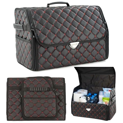 GOSOYO Leather Car Trunk Storage with Lid, Foldable Car Organizer, Boot Storage with Pockets and Dividers, Boot Organizer, Non-Slip Design (Red-Black)